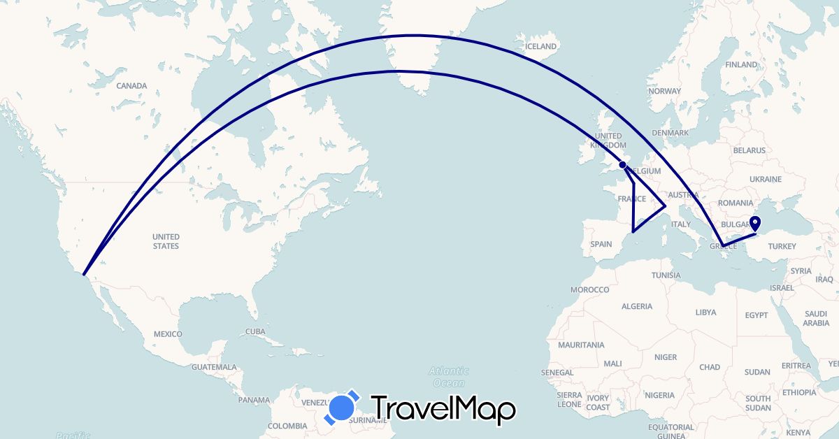 TravelMap itinerary: driving in Spain, France, United Kingdom, Greece, Croatia, Italy, Turkey, United States (Asia, Europe, North America)